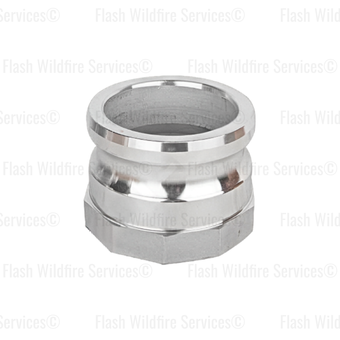 4 inch aluminum Part A camlock adapter showing the male cam and groove end and female NPT threaded connection