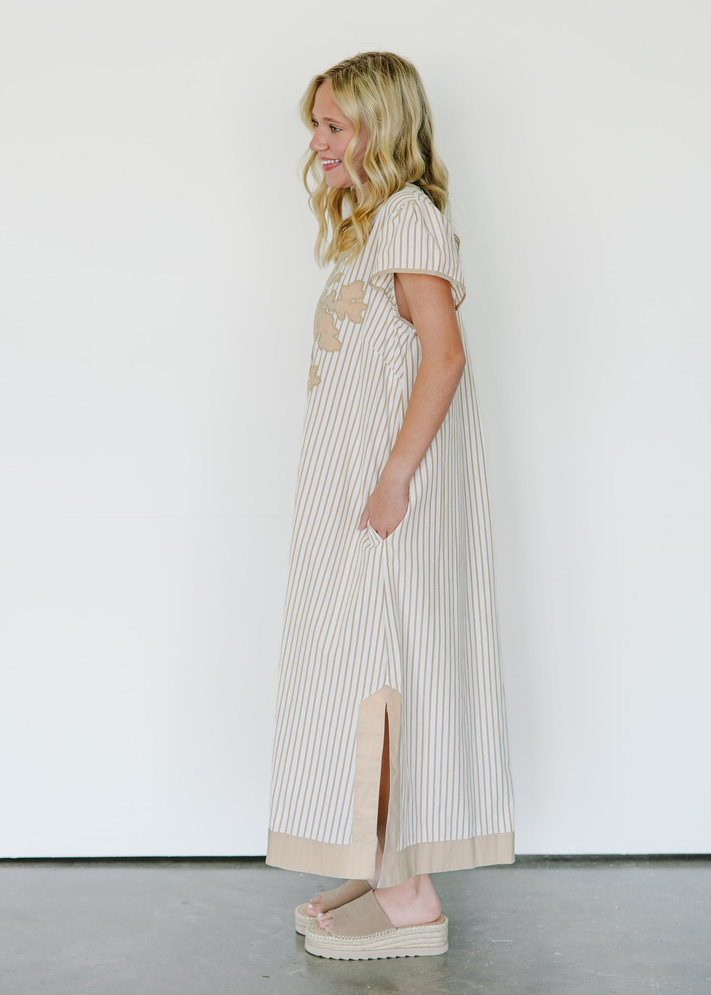 Elara Stripe Embroidered Midi Dress