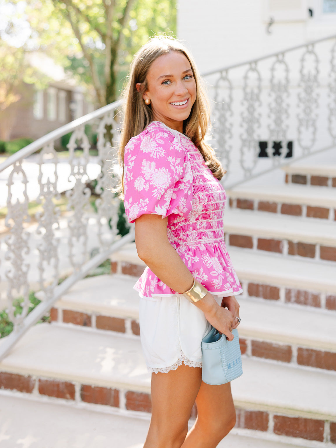 Genevieve Botanical Smocked Peplum Top