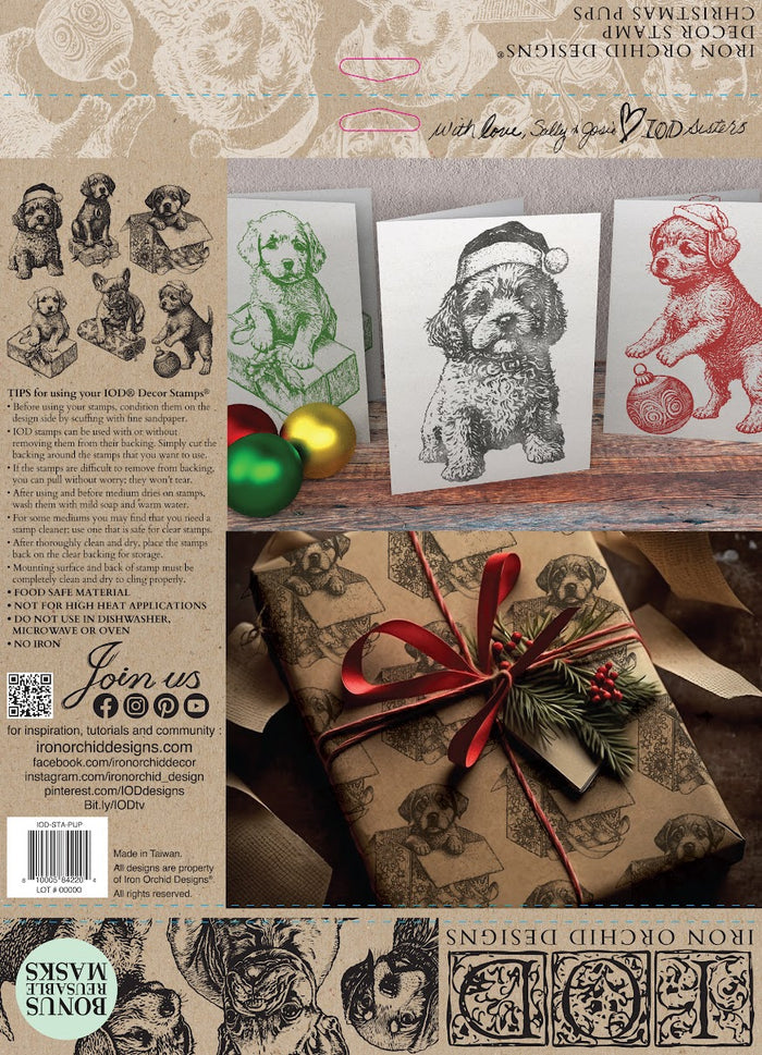 IOD Decor Stamp Christmas Pups Puppies 12x12" by Iron Orchid Designs