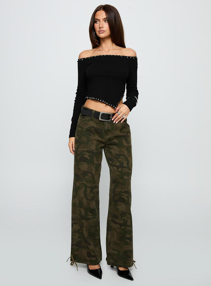 Perfect Cadence Stud Detail Off Shoulder Top Black