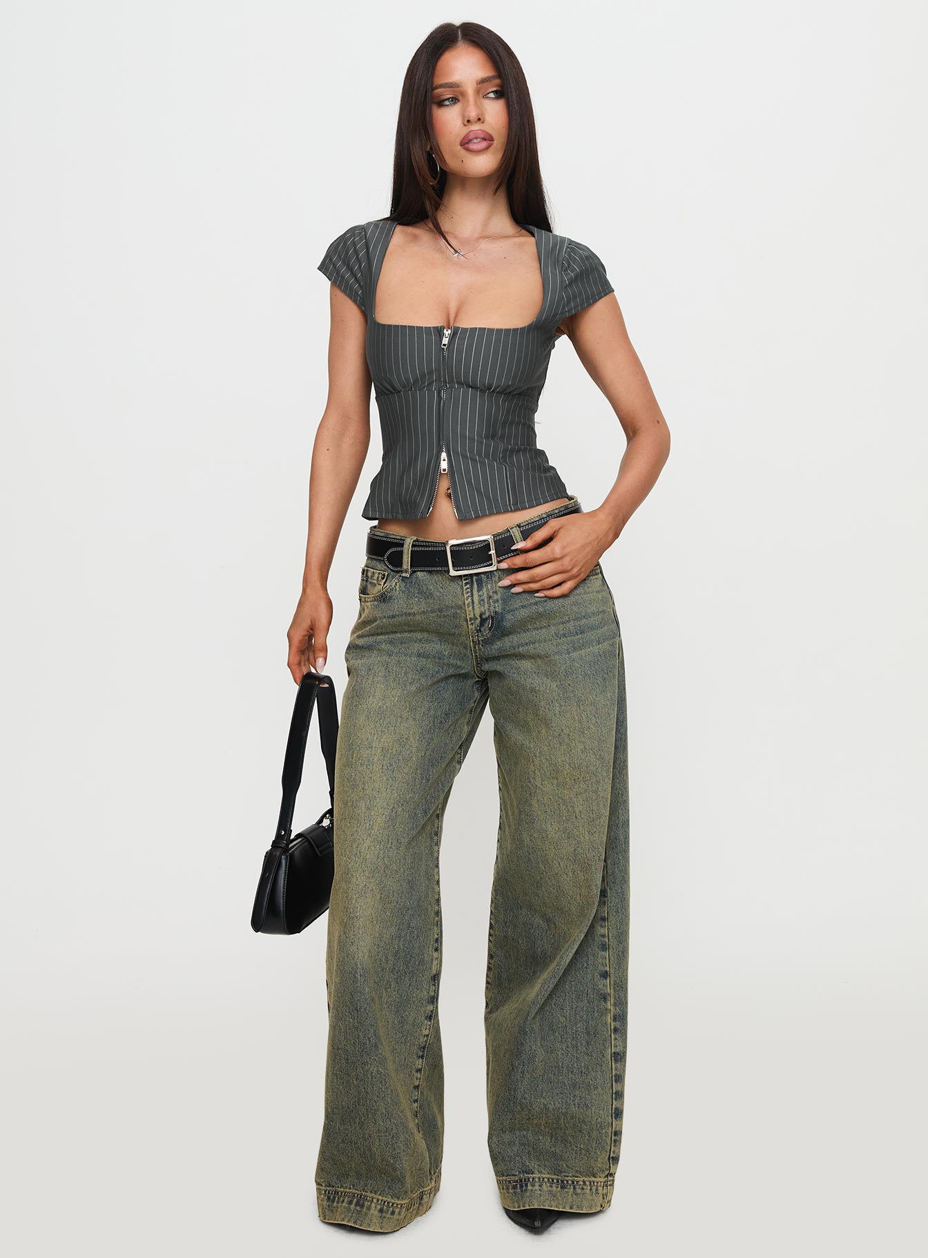 Santa Cruz Zip Through Top Grey Pinstripe