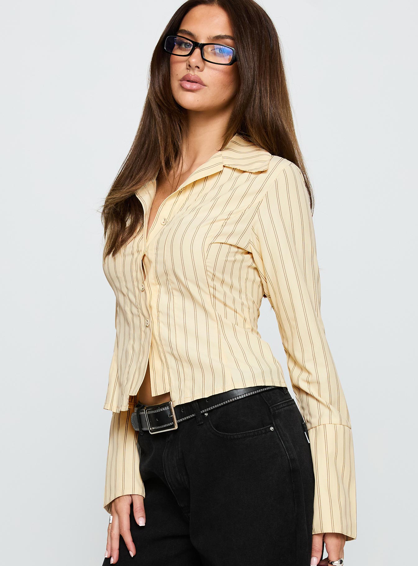 In Brooklyn Collared Top Yellow Stripe