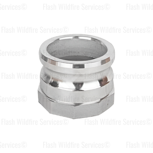 4 inch aluminum Part A camlock adapter showing the male cam and groove end and female NPT threaded connection