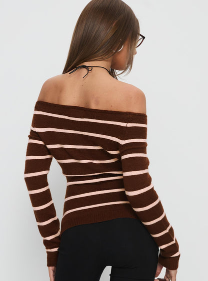 Out Of Reach Off Shoulder Knit Sweater Brown Stripe
