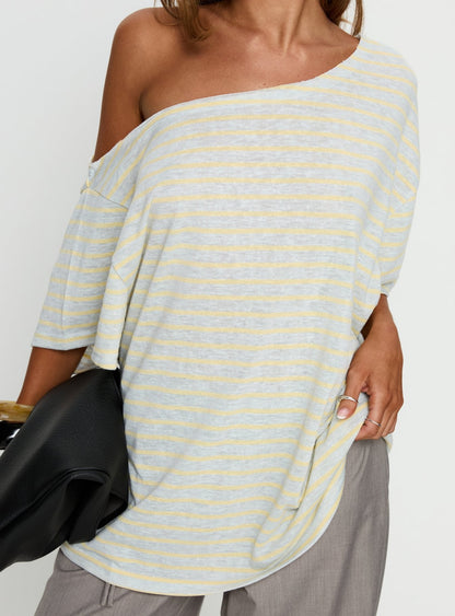 Winny Off Shoulder Tee Grey Marle / Lemon Stripe