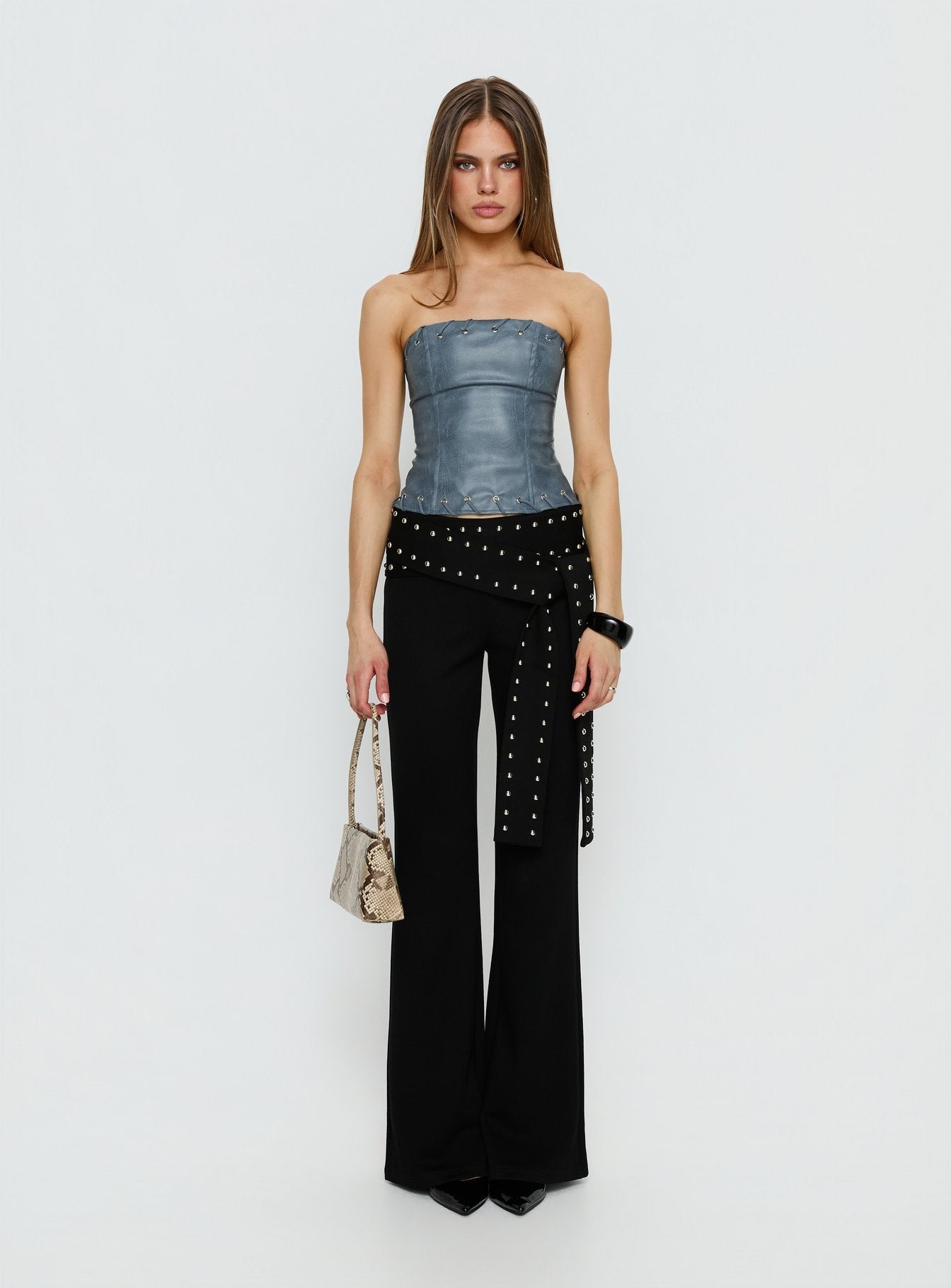 Pammie Faux Leather Strapless Top Blue