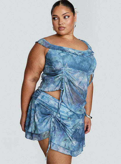 Rosee Off Shoulder Frill Top Blue Mutli Curve