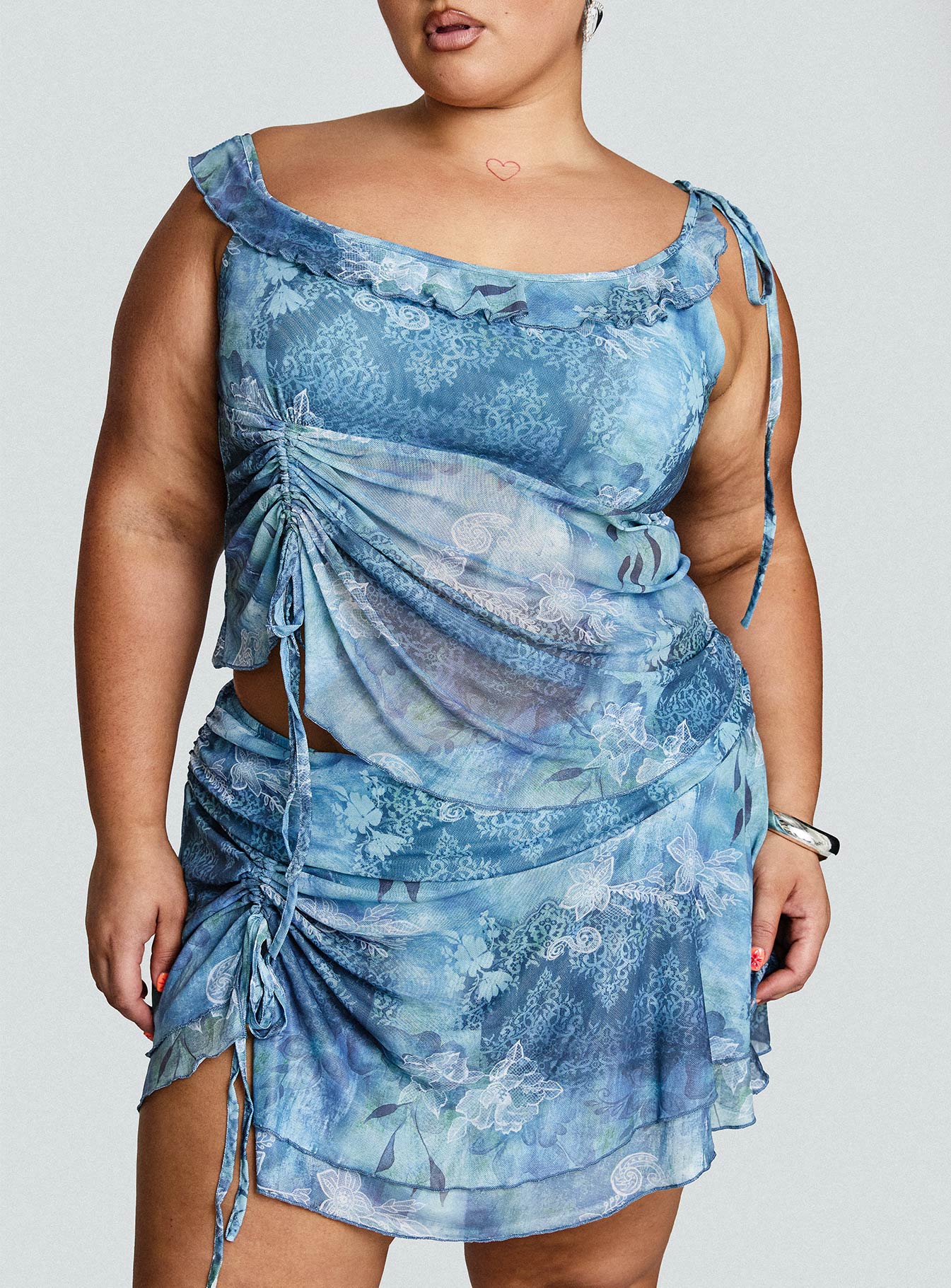 Rosee Off Shoulder Frill Top Blue Mutli Curve