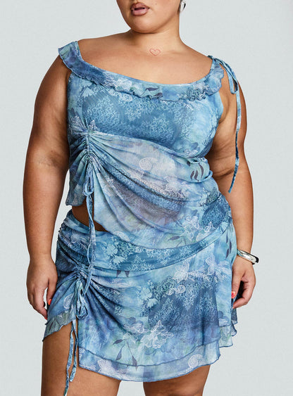 Rosee Off Shoulder Frill Top Blue Mutli Curve