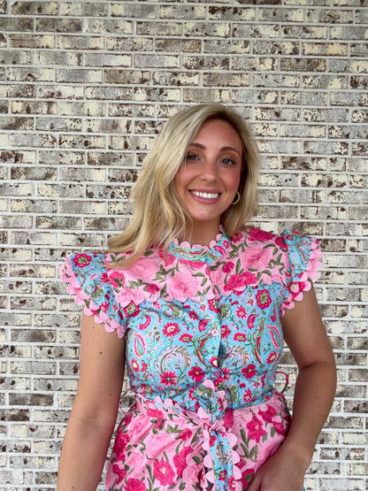 Bright Floral Scallop Midi Dress