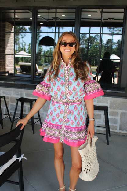 Isla Block Print Belted Mini Dress