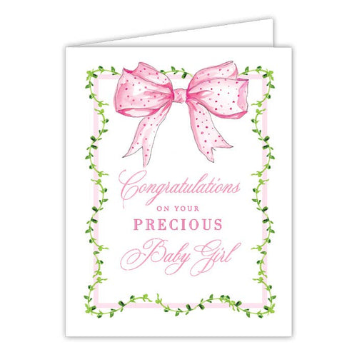 Congratulations on Precious Baby Girl Pink Bow Greeting Card