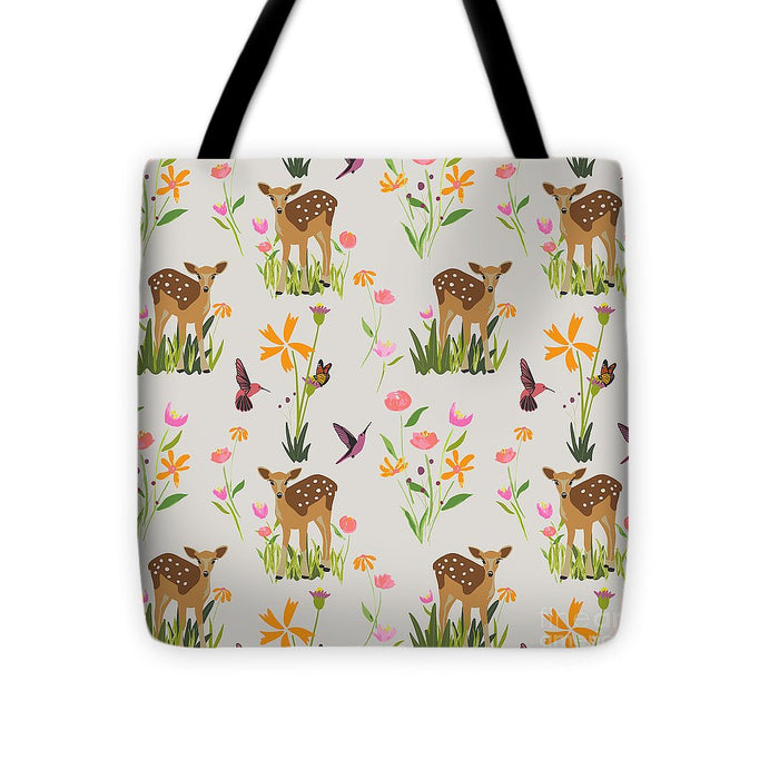 Fawn with Wildflowers and Humming birds - Tote Bag