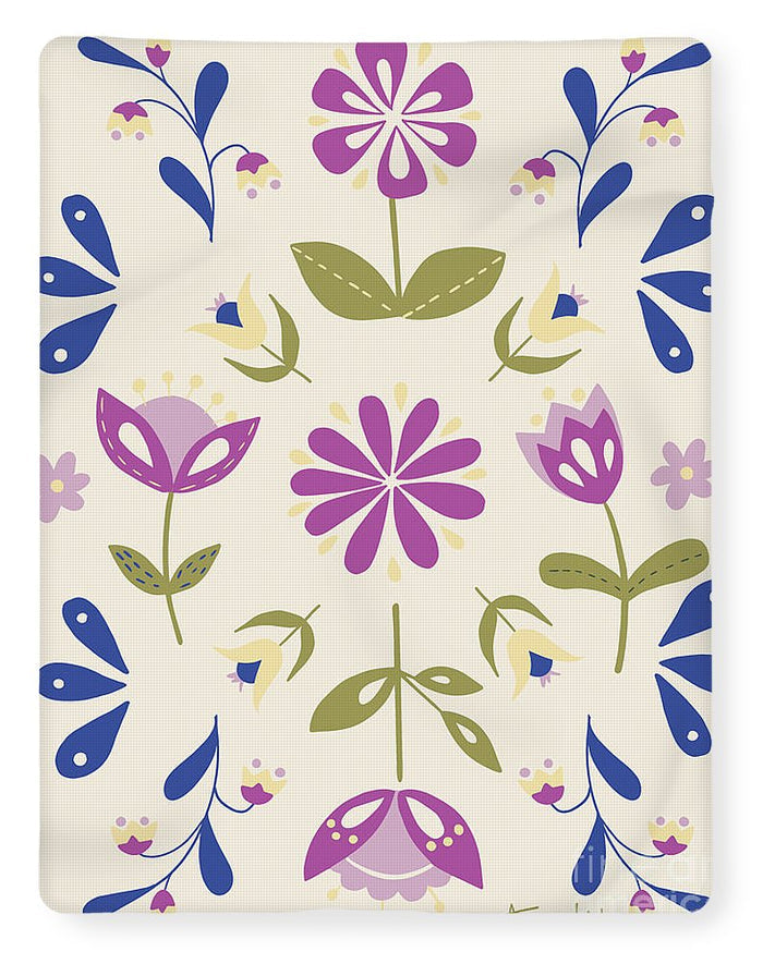 Folk Flower Pattern in Beige and Purple - Blanket