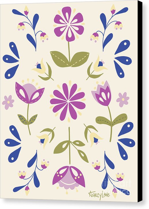 Folk Flower Pattern in Beige and Purple - Canvas Print