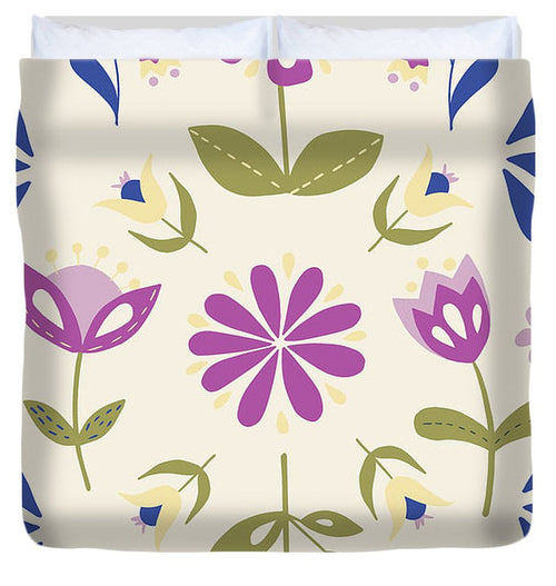 Folk Flower Pattern in Beige and Purple - Duvet Cover