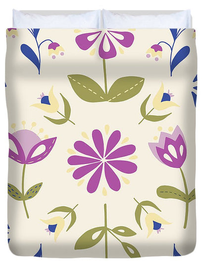 Folk Flower Pattern in Beige and Purple - Duvet Cover