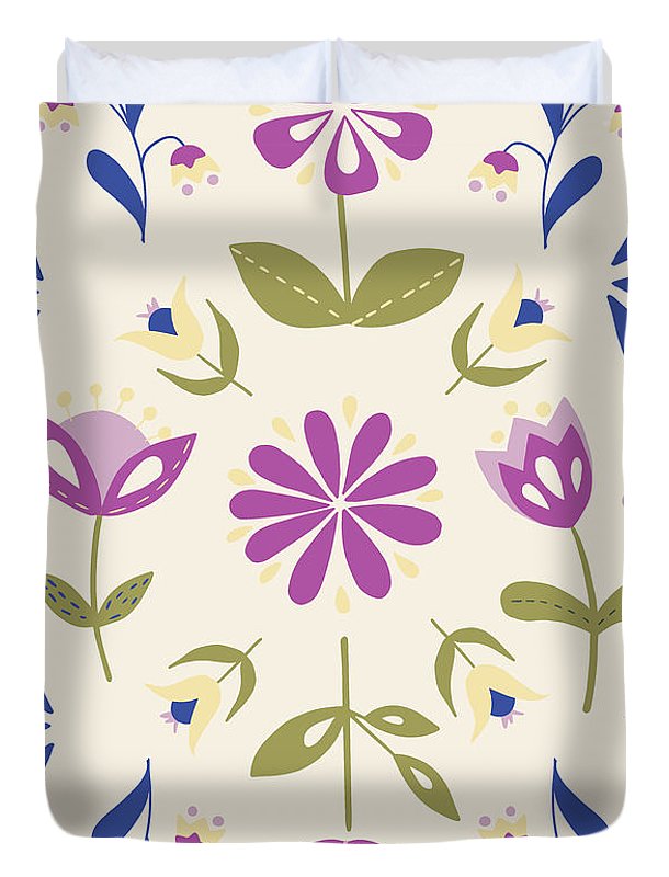 Folk Flower Pattern in Beige and Purple - Duvet Cover