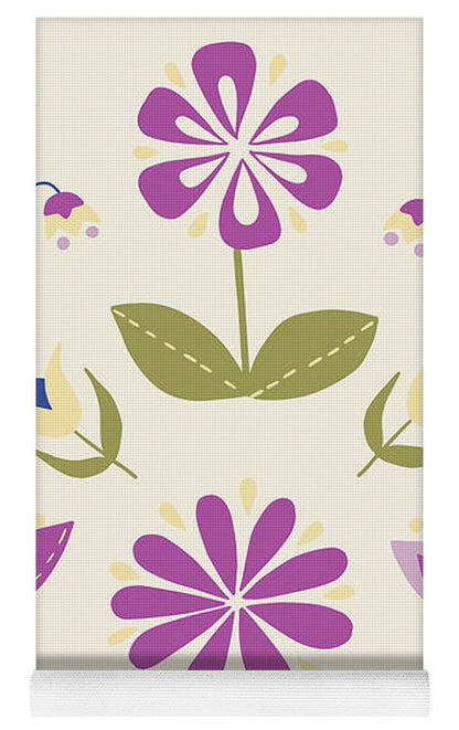 Folk Flower Pattern in Beige and Purple - Yoga Mat