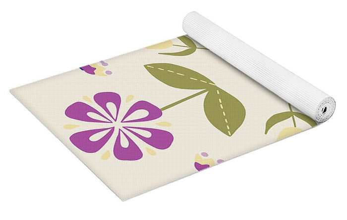 Folk Flower Pattern in Beige and Purple - Yoga Mat