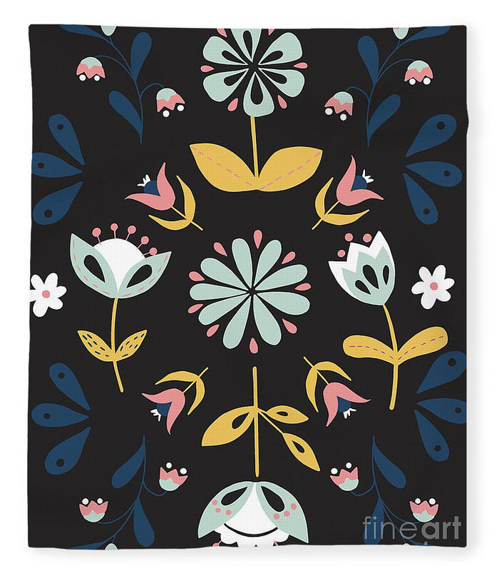 Folk Flower Pattern in Black and Blue - Blanket