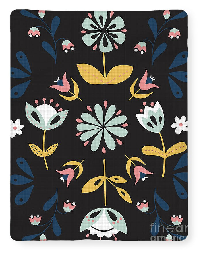 Folk Flower Pattern in Black and Blue - Blanket