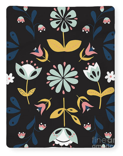 Folk Flower Pattern in Black and Blue - Blanket