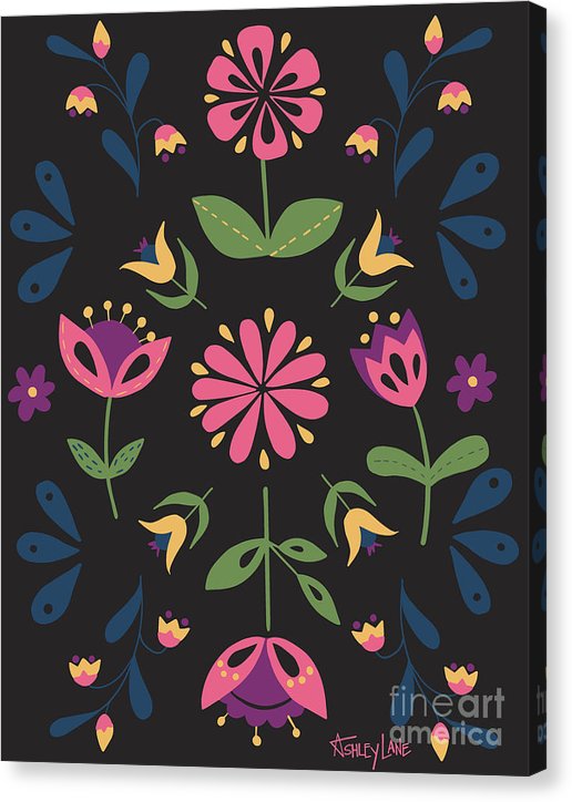 Folk Flower Pattern in Black and Pink - Canvas Print