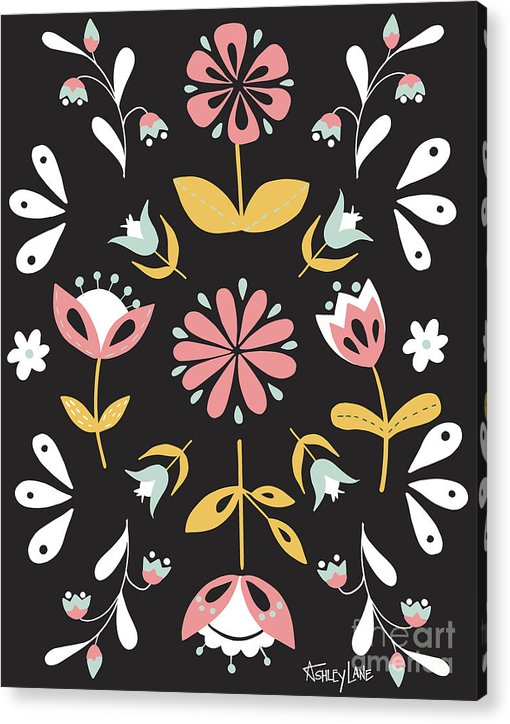 Folk Flower Pattern in Black and White - Acrylic Print