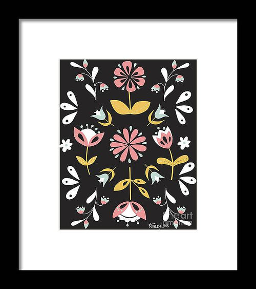 Folk Flower Pattern in Black and White - Framed Print