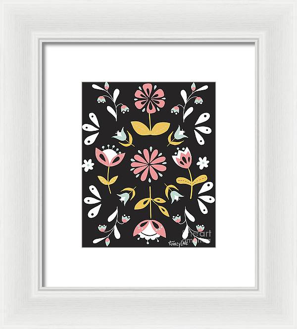 Folk Flower Pattern in Black and White - Framed Print