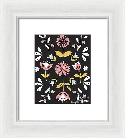Folk Flower Pattern in Black and White - Framed Print