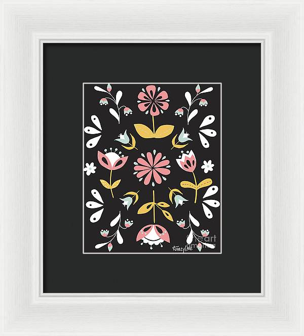 Folk Flower Pattern in Black and White - Framed Print