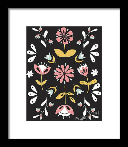 Folk Flower Pattern in Black and White - Framed Print