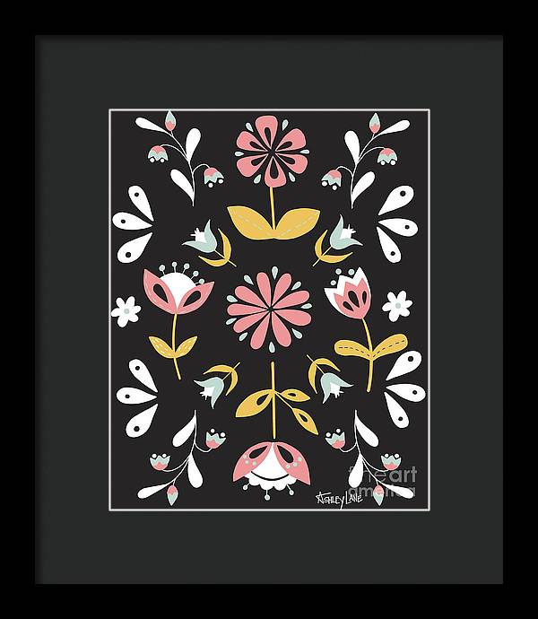 Folk Flower Pattern in Black and White - Framed Print