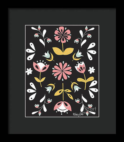 Folk Flower Pattern in Black and White - Framed Print