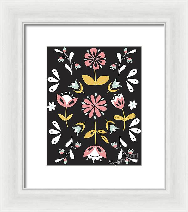 Folk Flower Pattern in Black and White - Framed Print