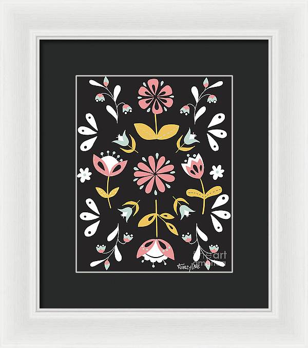 Folk Flower Pattern in Black and White - Framed Print