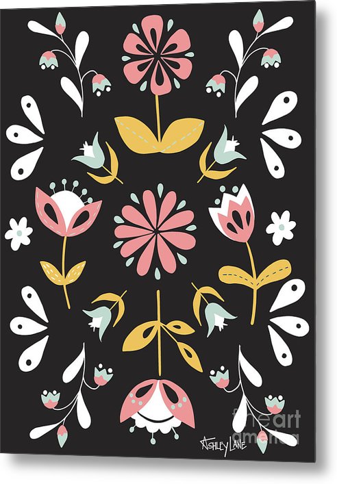Folk Flower Pattern in Black and White - Metal Print