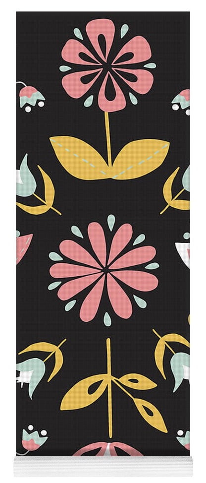 Folk Flower Pattern in Black and White - Yoga Mat