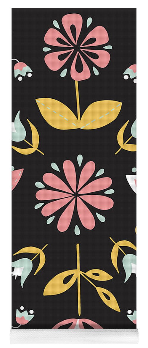 Folk Flower Pattern in Black and White - Yoga Mat