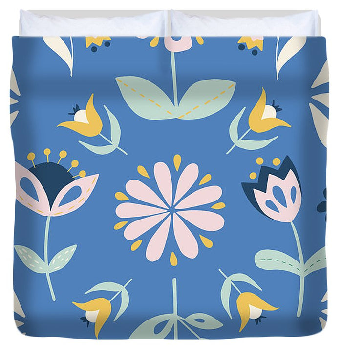 Folk Flower Pattern in Blue - Duvet Cover