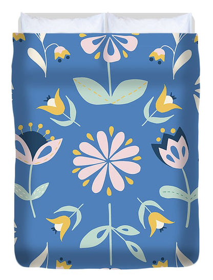 Folk Flower Pattern in Blue - Duvet Cover