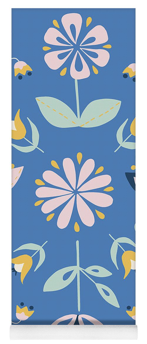 Folk Flower Pattern in Blue - Yoga Mat