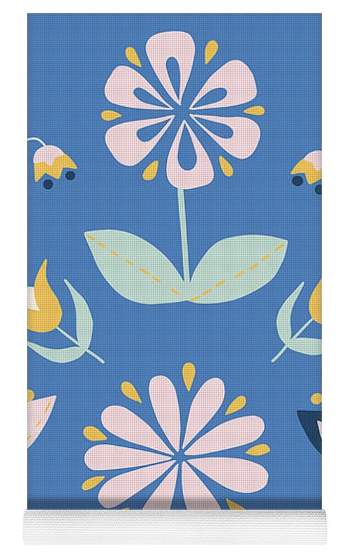 Folk Flower Pattern in Blue - Yoga Mat