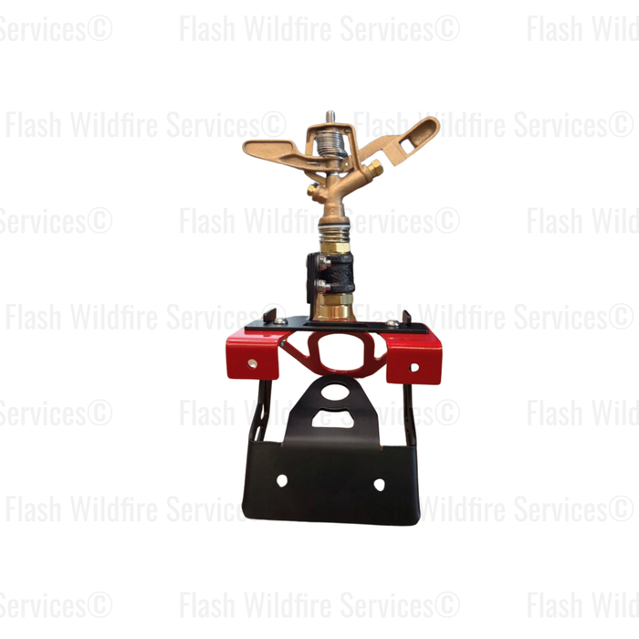 Fire sprinkler system component on a white background with 'Flash Wildfire Services' branding.