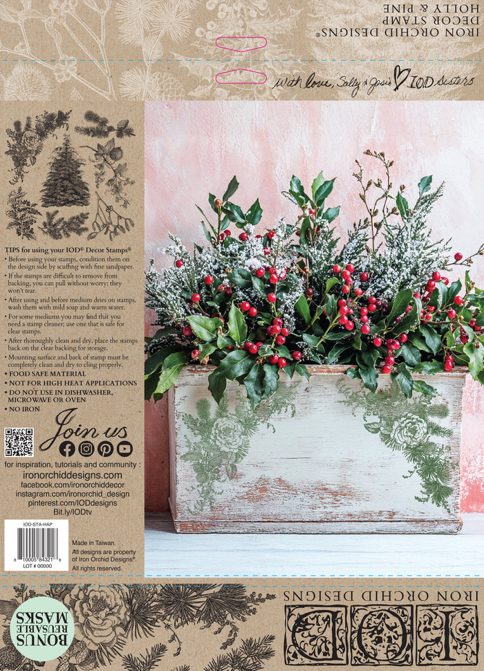 IOD Decor Stamp Holly and Pine 12" x 12" by Iron Orchid Designs