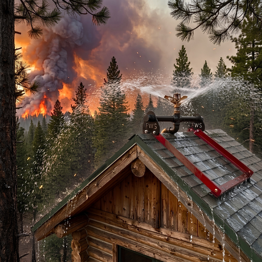 A firefighter's sprinkler spraying water over the roof of a wooden cabin, with a forest fire and smoke visible in the background among pine trees.