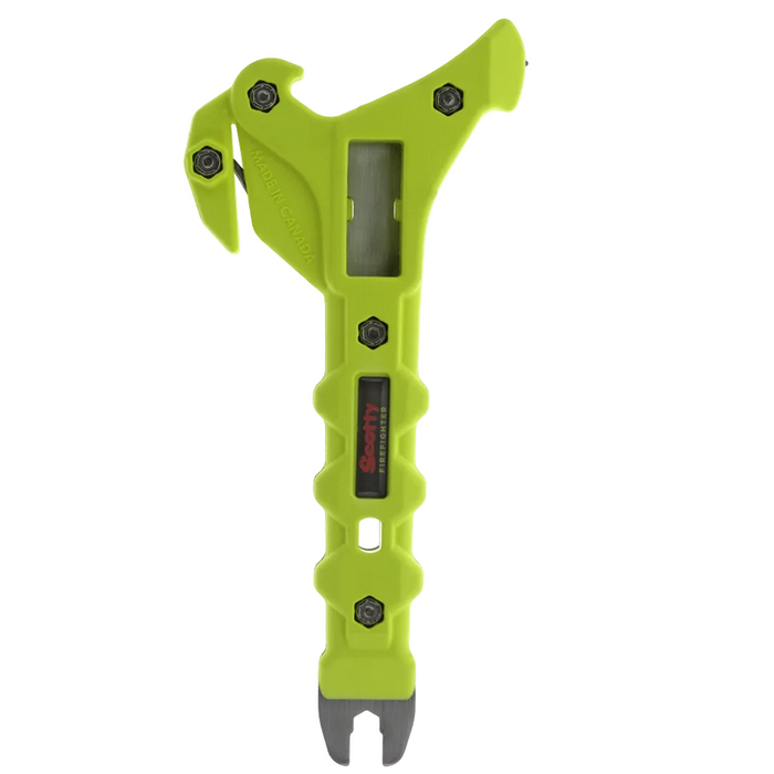 High visibility yellow Scotty Firefighter 4576-YF Rescue Wrench shown vertically with integrated cutter, wrench openings and metal spanner end
